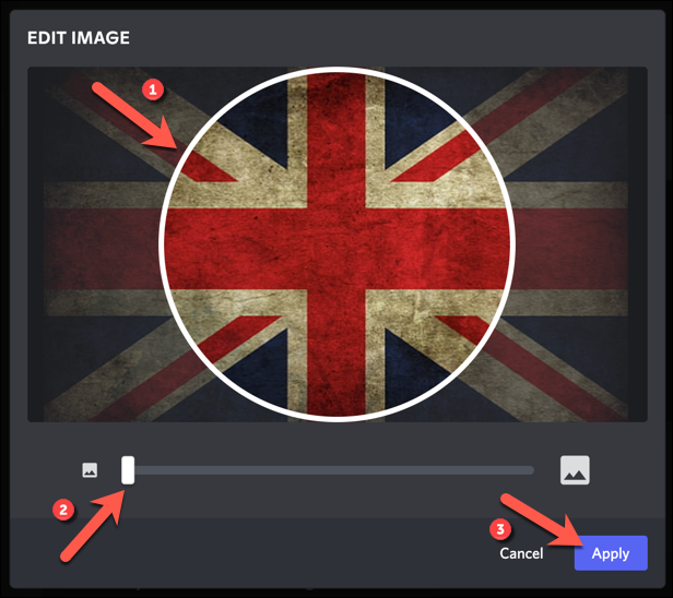 Carregue a imagem usando o menu de seleção de arquivo e, em seguida, use o menu "Editar imagens" para reposicionar e redimensionar a imagem do avatar do Discord antes de pressionar "Aplicar" para salvá-la.
