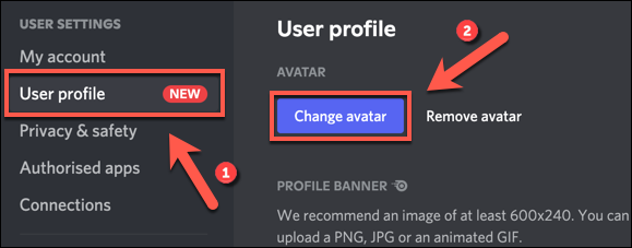 Para alterar a imagem do perfil do Discord, pressione Perfil do usuário> Alterar avatar.