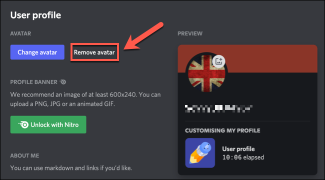 Para remover um avatar do Discord, pressione o botão "Remover Avatar" no menu de configurações do Discord.