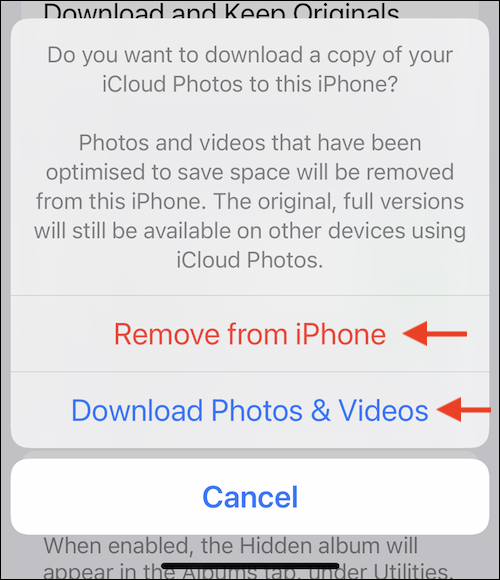 Escolha a opção "Baixar fotos e vídeos" para baixar todas as fotos do iCloud antes de desativar o recurso. 