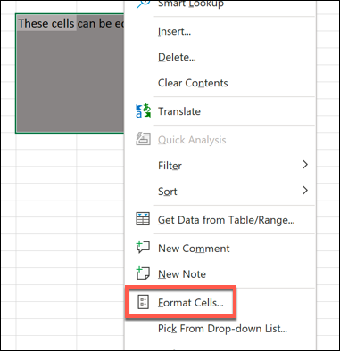 Para ativar ou desativar a proteção de bloqueio para células do Excel, selecione as células nas quais deseja permitir alterações, clique com o botão direito e selecione a opção "Formatar células".