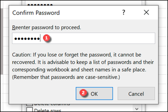 Se você estiver bloqueando uma planilha do Excel com uma senha, confirme a senha na caixa "Confirmar senha" e pressione "OK" para salvar.