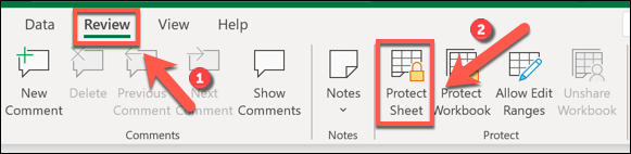 Selecione Revisar> Proteger planilha para habilitar a proteção de bloqueio para sua planilha ativa.