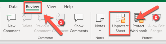 Para remover a proteção de bloqueio de uma planilha do Excel, pressione Rever> Desproteger Planilha.