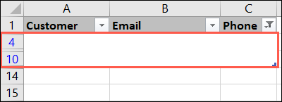 Linhas em branco filtradas em uma tabela do Excel