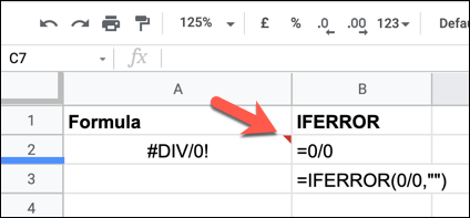 Um exemplo de um indicador de erro de fórmula do Google Sheets, oculto com êxito por uma fórmula IFERROR.
