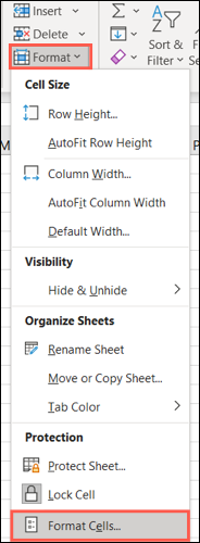 Na guia Página inicial, clique em Formatar, Formatar células