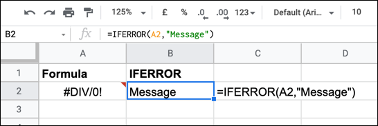 Um exemplo de fórmula IFERROR no Planilhas Google usando uma referência a outra célula.