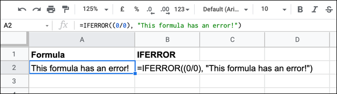 Um exemplo de fórmula IFERROR no Planilhas Google com uma função aninhada.