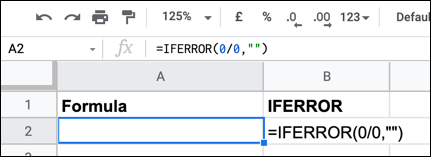 Um exemplo de fórmula IFERROR no Planilhas Google, mostrando uma mensagem de erro vazia usando uma string de texto vazia.