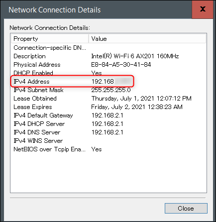 Endereço IP na janela Detalhes da conexão de rede.