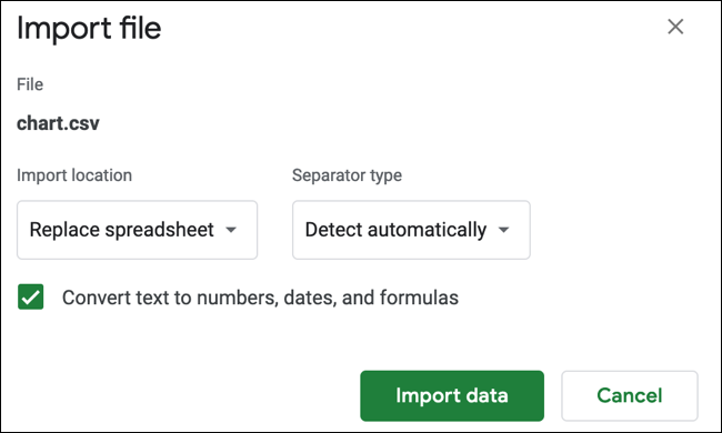 Configurações de importação de arquivos do Planilhas Google