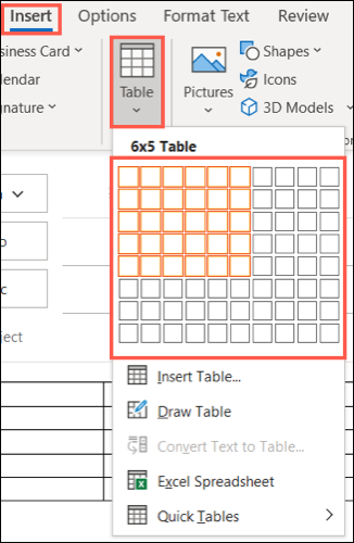 Na guia Inserir, clique em Tabela e escolha um tamanho