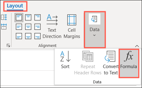 Na guia Layout, clique em Dados, Fórmula