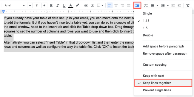 Clique em Line Spacing, Keep Lines Together