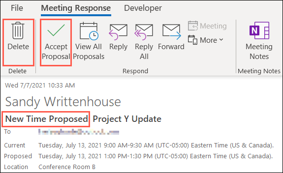 Clique para aceitar ou excluir uma nova proposta de horário no Outlook