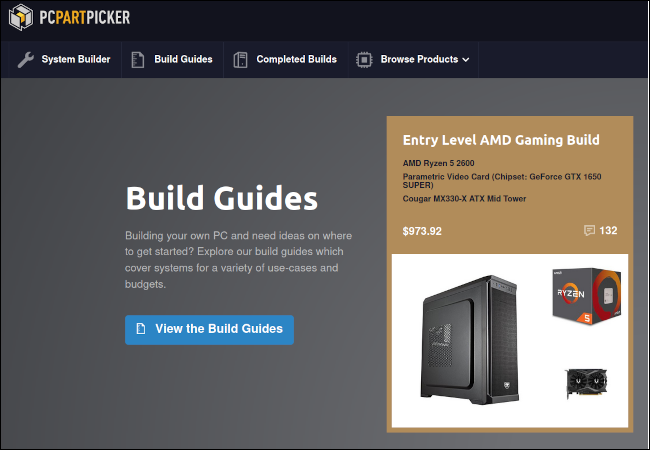 Site do PC Part Picker mostrando um bloco com o guia de construção mais recente.