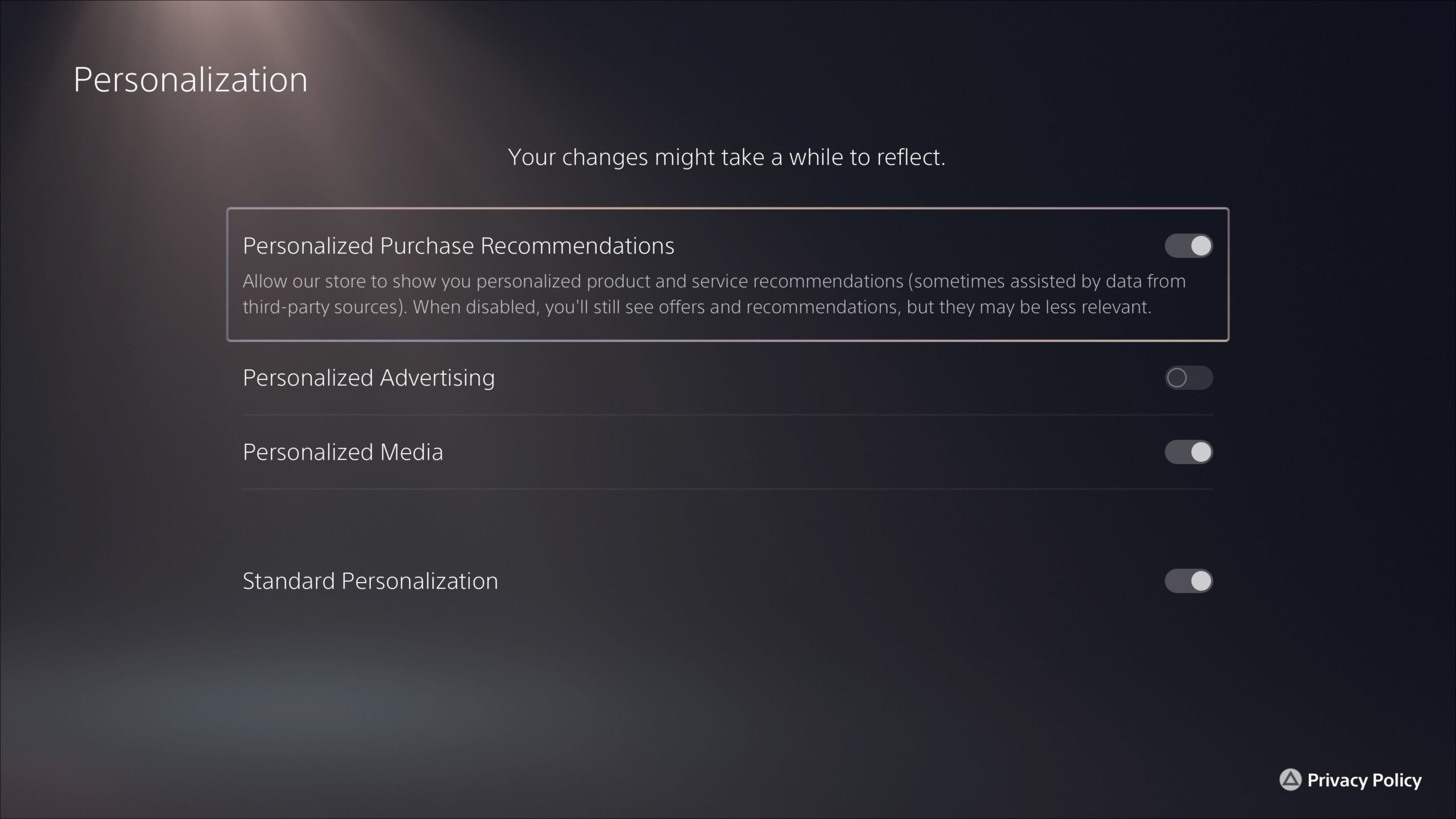 Configurações de privacidade do PS5 "Personalização"