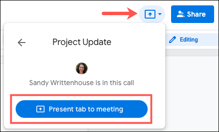 Clique em Apresentar a guia na reunião