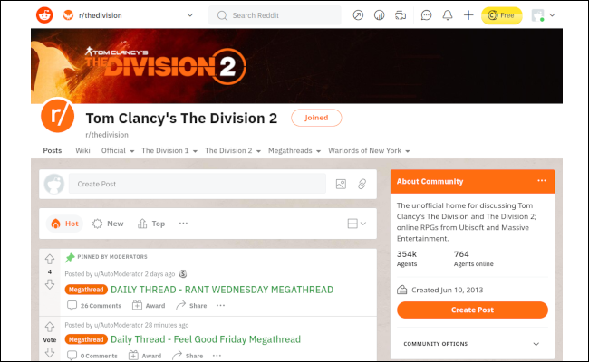 O fundo branco da página do Reddit da Divsion 2, com realces em laranja