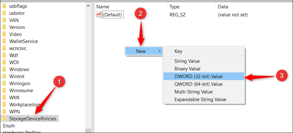 Selecione a pasta "StorageDevicePolicies", clique com o botão direito no painel esquerdo e passe o mouse em "Novo" e selecione "DWORD"