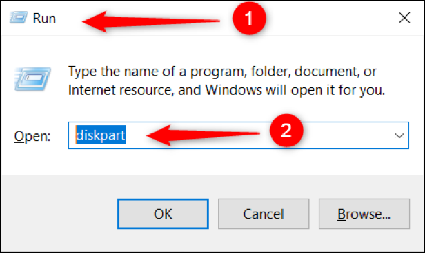 Digite "diskpart" na caixa de execução do Windows