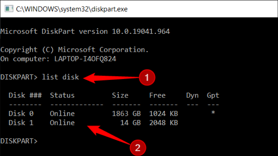 Digite "list disk" após a palavra DISKPART e pressione Enter 