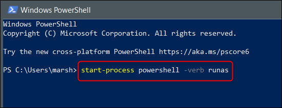 Execute o comando no PowerShell para alternar para o modo de administrador.