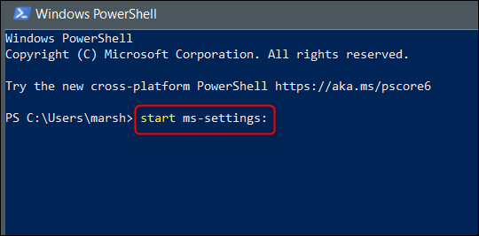 Execute "start ms-settings:" no Windows PowerShell.