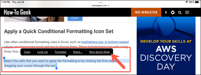 Destaque o texto no Safari e toque em Nova Nota Rápida