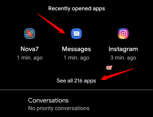 O menu Apps e notificações