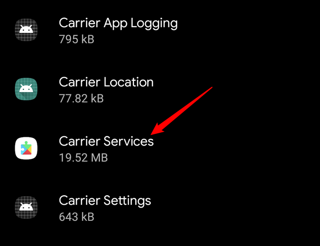 A entrada Carrier Services na lista Todos os aplicativos