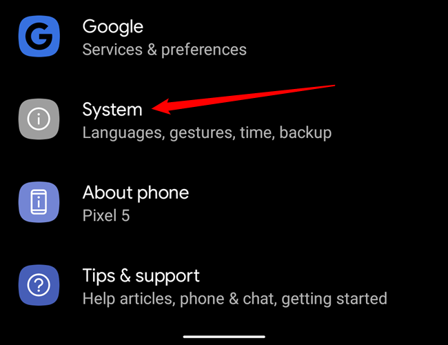 A opção Sistema no menu de configurações do Android