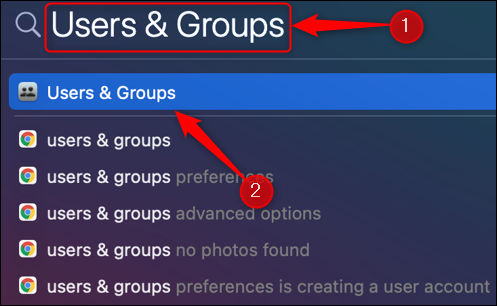 Pesquise e abra "Usuários e grupos" na Pesquisa do Spotlight.
