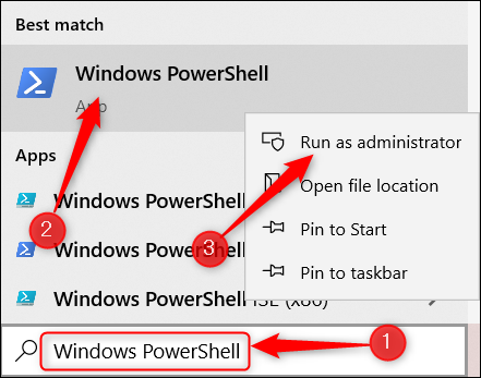 Pesquise por Windows PowerShell, clique com o botão direito do mouse no aplicativo e clique em Executar como Admin.