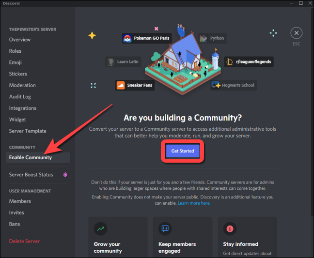 Na seção "Comunidade", selecione "Ativar comunidade" à esquerda e clique em "Começar" à direita.