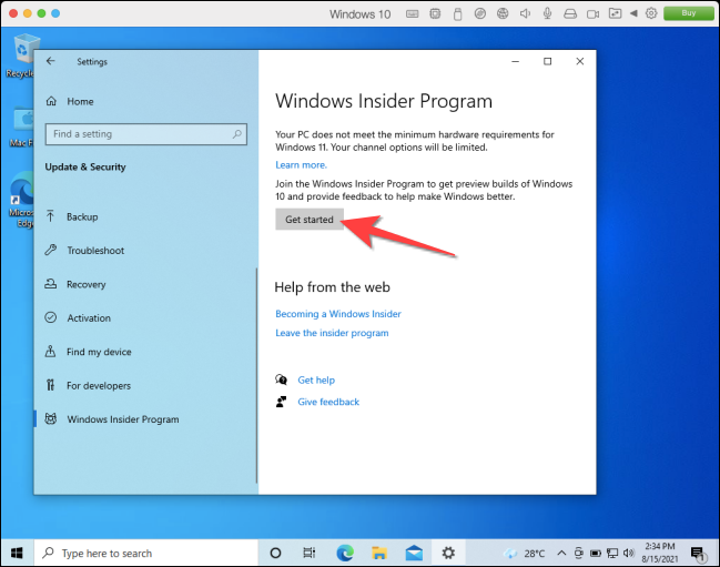 Na seção Programa Windows Insider do aplicativo Configurações, selecione o botão "Começar". 