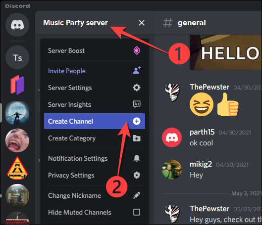 selecione o nome do servidor e selecione "Criar canal" no menu suspenso.
