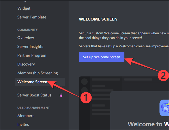Selecione a "Tela de boas-vindas" na seção "Comunidade" na coluna esquerda e clique no botão "Configurar tela de boas-vindas" no lado direito.
