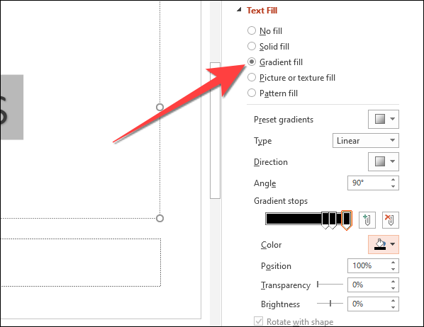 Selecione "Preenchimento de gradiente" para revelar as opções para personalizar o estilo e as cores do gradiente.