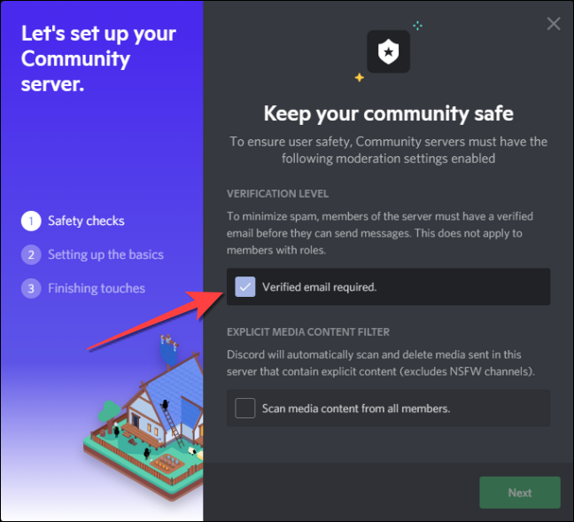 Marque a caixa "E-mail verificado necessário" para permitir que apenas pessoas com um e-mail verificado ingressem no servidor da comunidade.