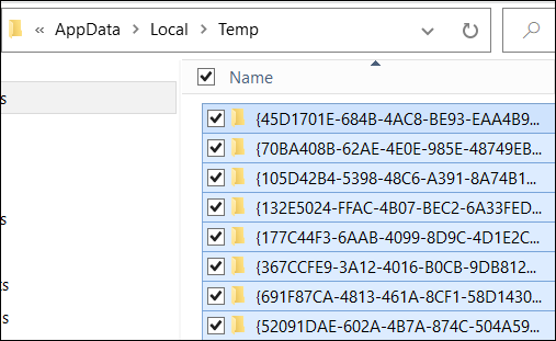 Pressione Ctrl + A para selecionar todos os arquivos temporários.