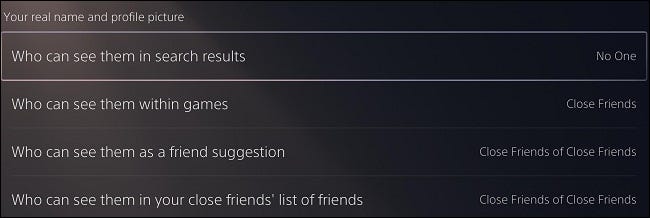 Configurações do PS5 para "Seu nome real e foto do perfil"