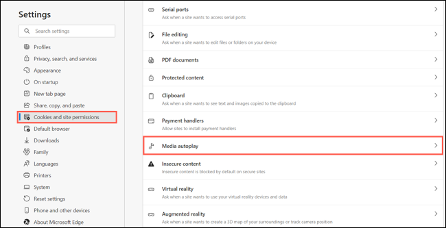 Cookies e permissões, reprodução automática de mídia