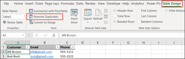 Na guia Table Design, clique em Remove Duplicates