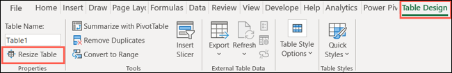 Na guia Table Design, clique em Resize Table