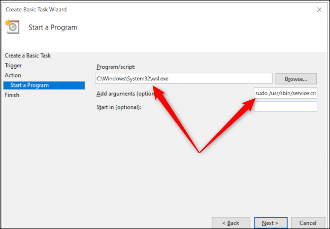 Opções de programa do Agendador de tarefas do Windows 10 com setas vermelhas apontando para o caminho do programa e a caixa de entrada de texto de argumentos adicionais.
