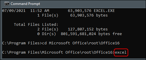 Digite "excel" no prompt de comando.