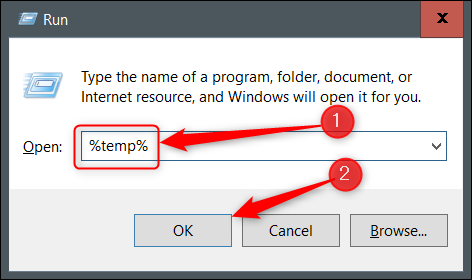 Digite temp em Executar e clique em OK.