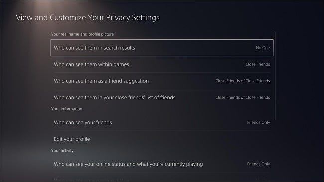"Ver e personalizar suas configurações de privacidade" PS5